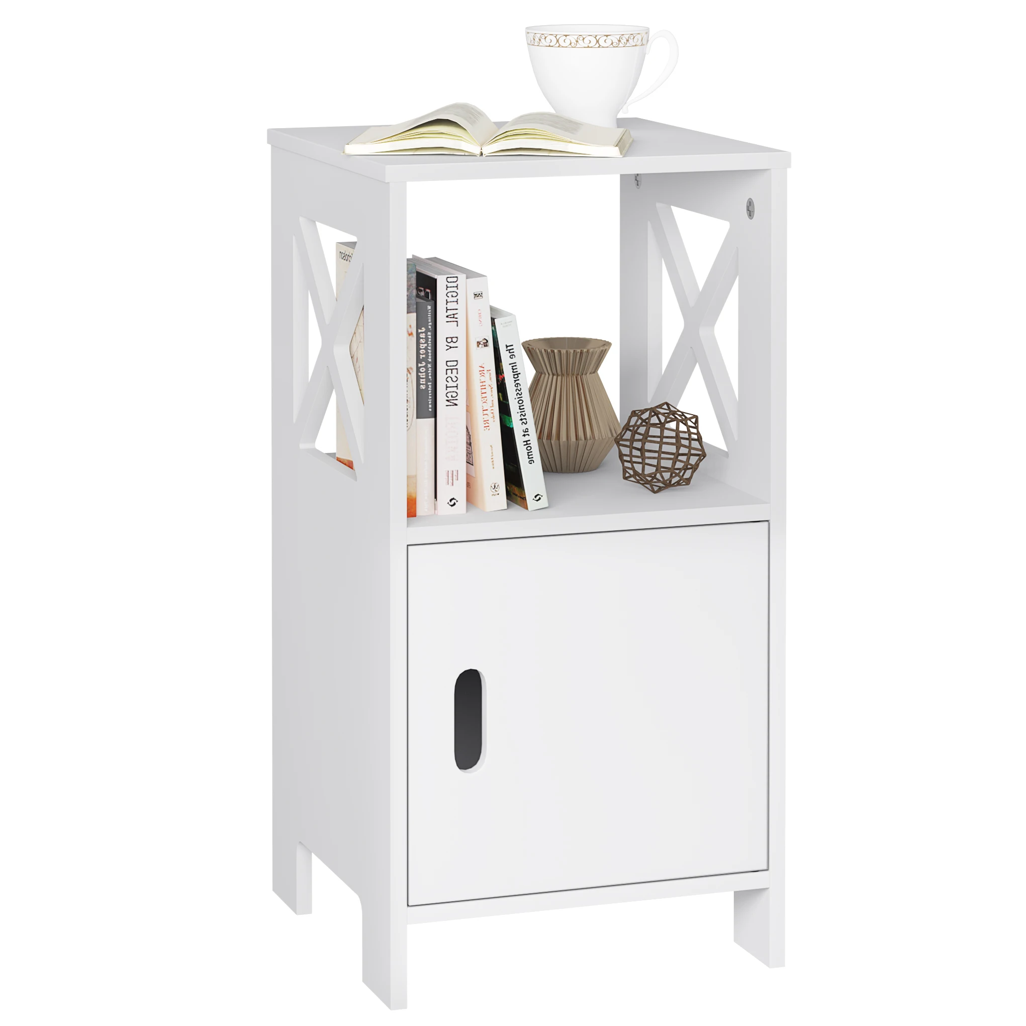 Modern Nightstand Bedside Cabinet Storage Narrow White Bedside Table with 1 Open Compartment Door for Bedroom