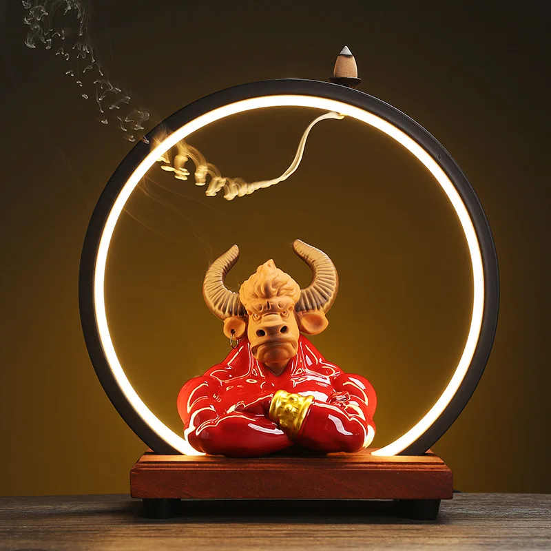 Ceramic Animal Statues Incense Waterfall Chinese Backflow Holder With USB LED Light Cones