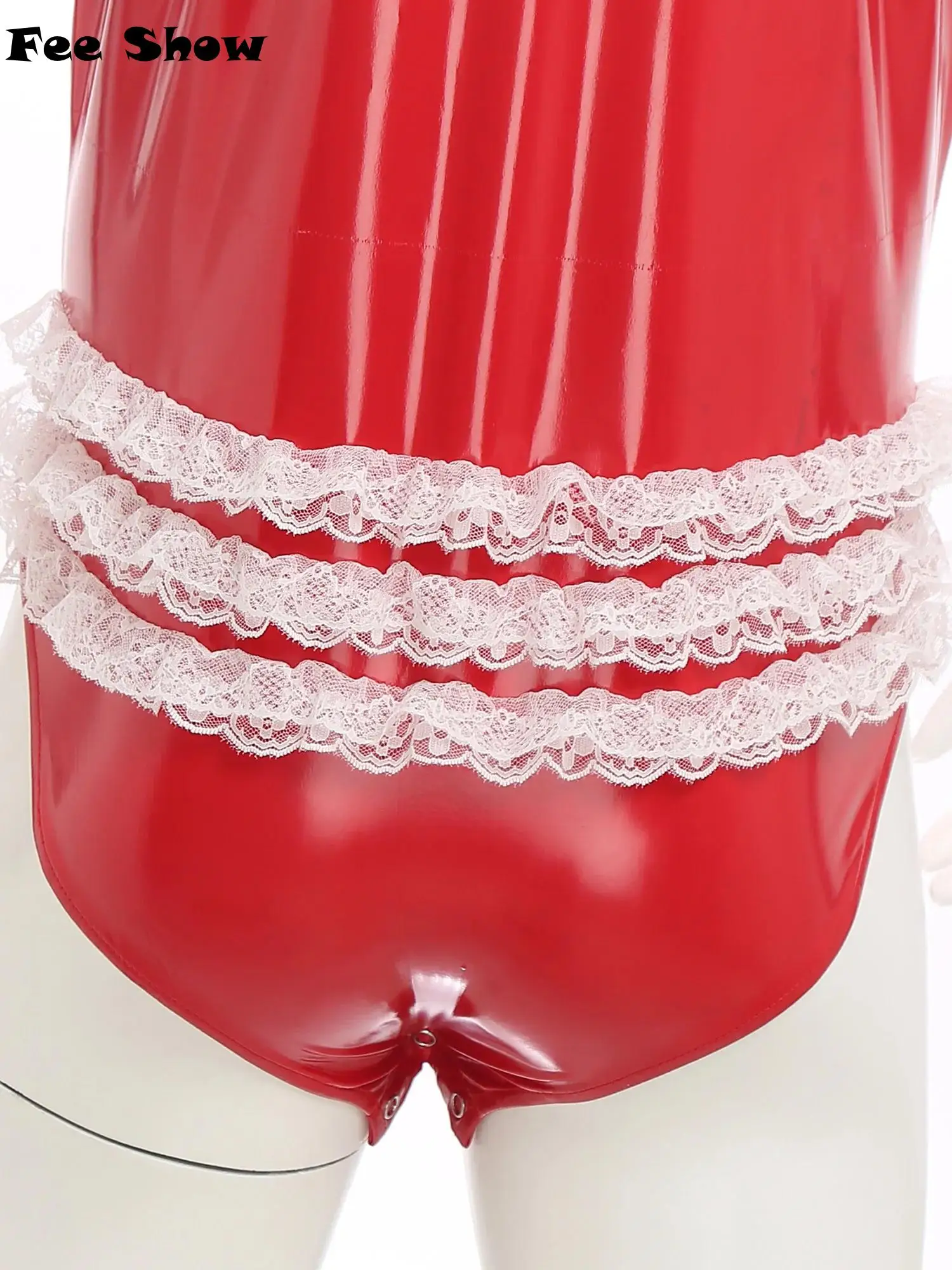 

Men Shiny Leather Maid Cosplay Jumpsuit Turn-Down Collar Short Sleeve Lace Ruffled Crotch Bodysuit for Nightclub Party Clubwear