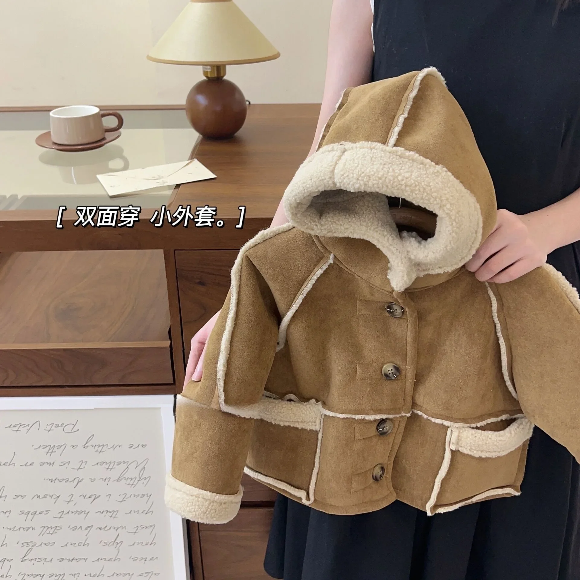 Girls Khaki Fashion Coat 2024 New Winter Lamb Fleece Double Fur One Thick Coat Korean Simple Style Clothes Simple Casual Top