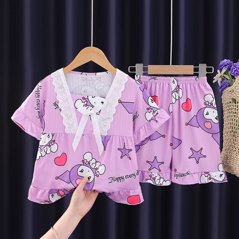 Kawaii Sanrio Kids Pajamas Suit Hello Kitty Cinnamoroll Short Sleeves Shorts Set Sleepwear Summer Girl Homewear Child Pants Suit