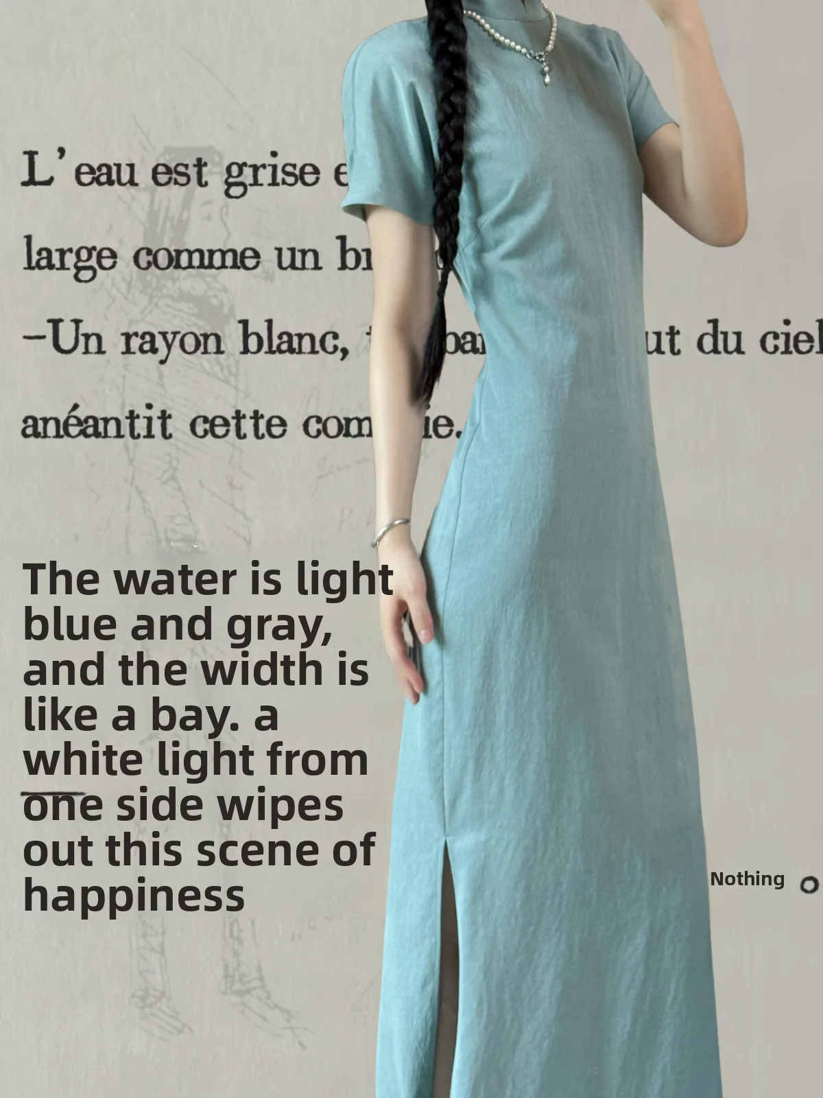 

Ice Blue Summer ort Sve l Texture Long Dr Xu Zhi Xing Simple Sle Daily Wear Low Slit Chinese Brand