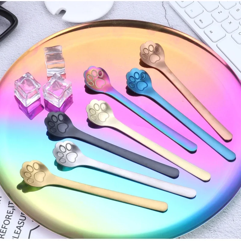 304 Stainless Steel Tea Coffee Dessert Spoons Ice Cream Scoop Coffee  Stirring Spoon  Kitchen Tools Cute Cat Paw Spoon