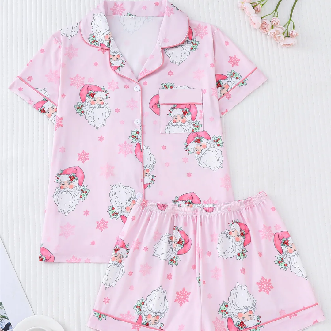 

Santa Claus Print Pajamas Pink of Women Christmas Themed Home Wear Set Lapel Short-sleeved Shirts and Shorts Pants Cardigan Gift