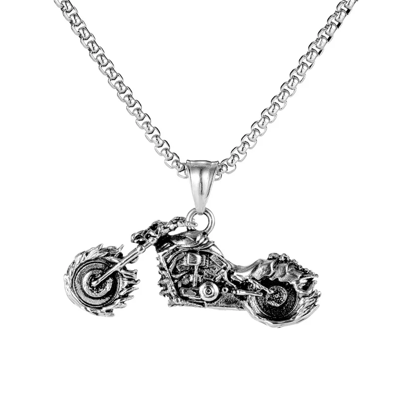 2022 Trend Skull Flame Motorcycle Pendant Necklace Hip Hop Punk Soul Chariot Men\'s Titanium Steel Necklace Jewelry Accessories