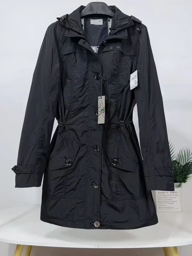 

American Sle Casual Women's Long Coat Autumn Loose Waist Inward Windbreaker Jaet Mid-Length Hooded Zipper Closure C...