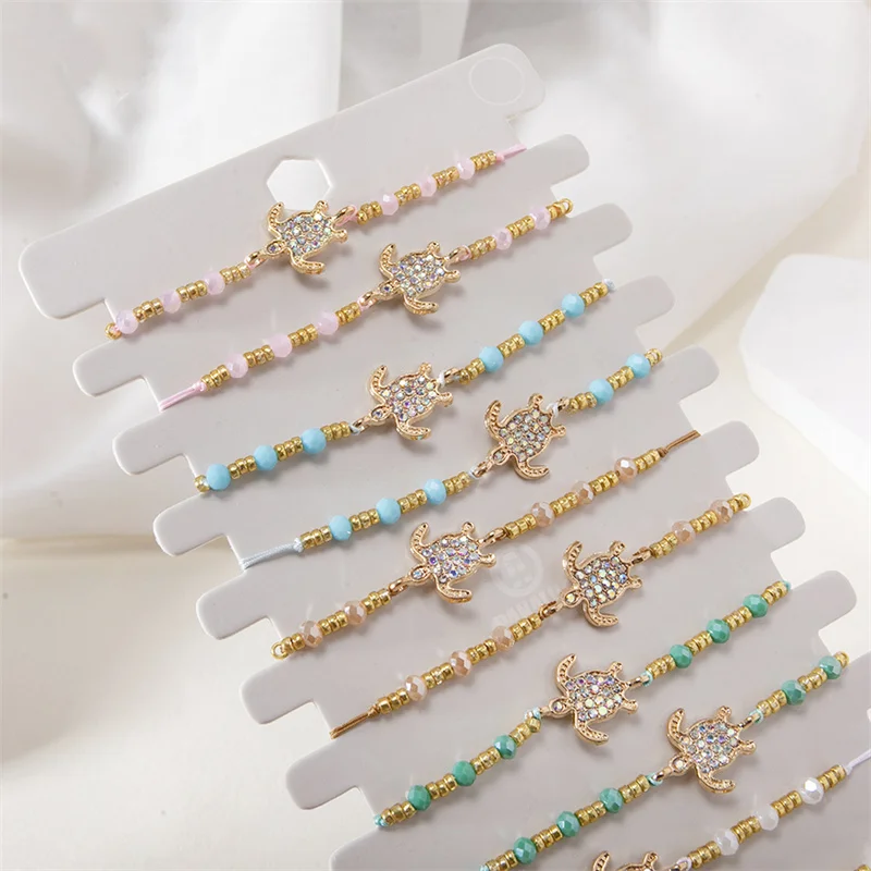 New 12pcs/set Alloy Turtle Crystal Bracelet Set Colorful Beaded Bracelet for Women\'s Rope Adjustable Bracelet Set Jewelry Gifts