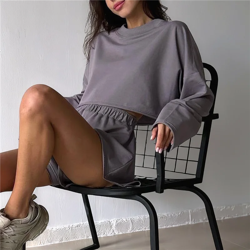 2-teiliges Damen-Outfit, Sweat-Shorts-Set, übergroß, lässig, Lounge, passendes Set, Sweatsuit, Trainingsanzug, Herbstkleidung