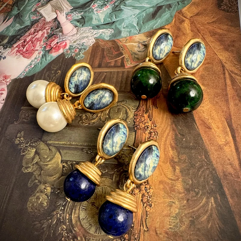 

Antique vintage style designer natural stone pendant earrings for women elegant court dinner dress fine jewelry