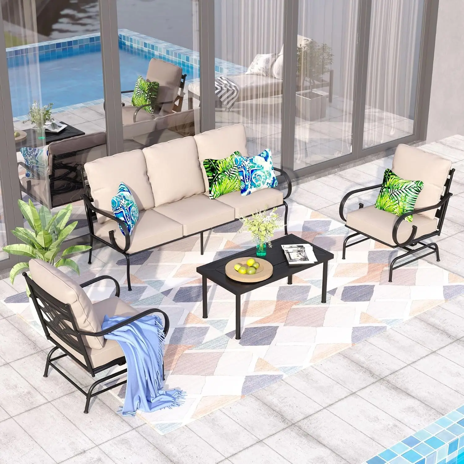 

4 Piece Patio Furniture Set, Outdoor Conversation Sets 5 Seat Clearance with 3-seat Sofa x 1,Coffee Table x 1