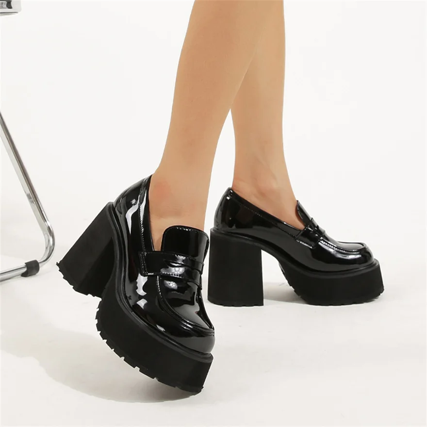 Slip-On Classic Female Loafers Shoes New Thick Heels Black Patent Leather Pumps Retro Girls Platform High-Heeled Shoes for Women