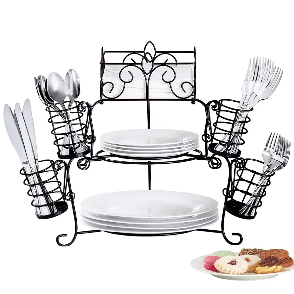 

Metal Buffet Organizer With Scroll Design, 7-Piece Set For Plates, Napkins And Cutlery
