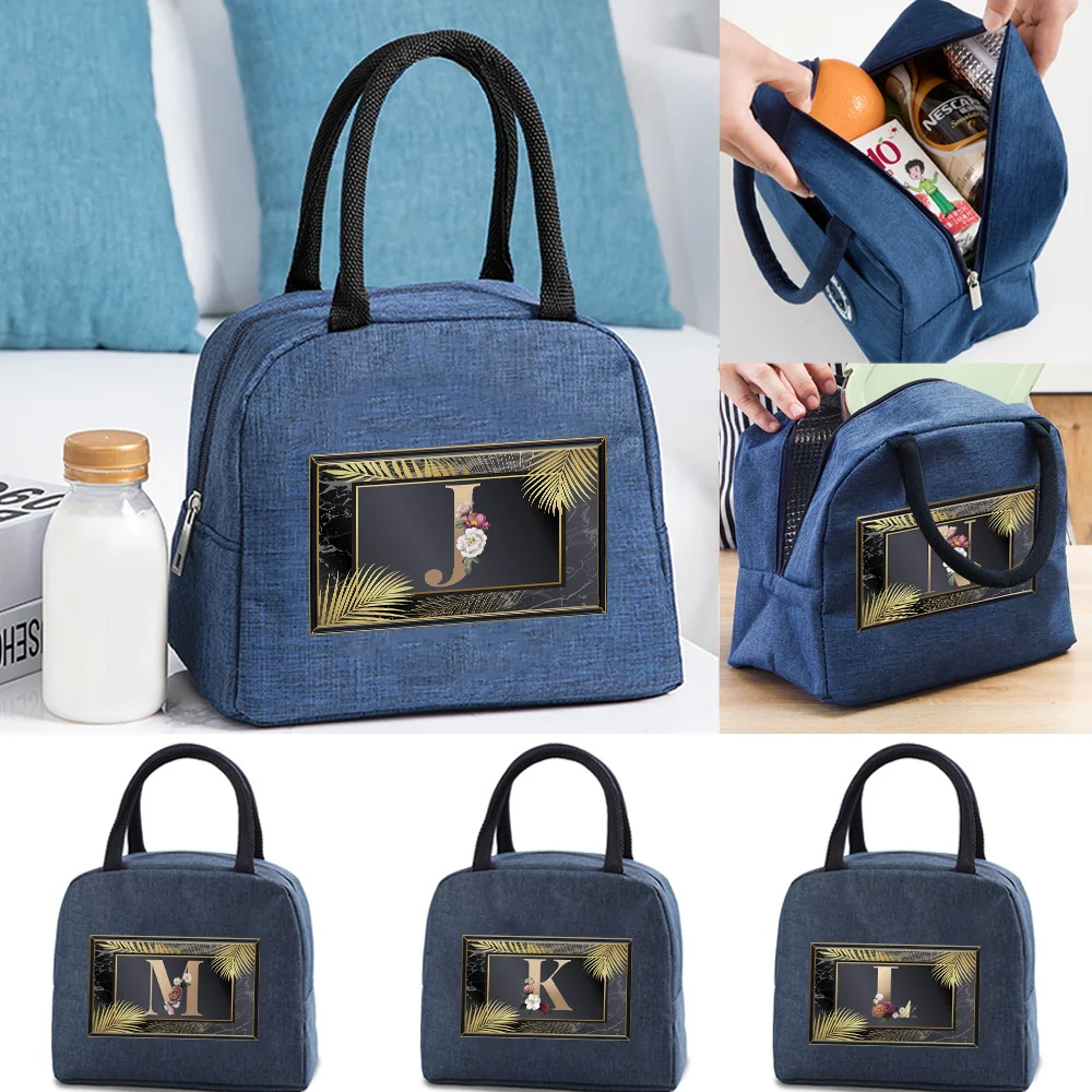 New Insulated Lunch Bag Blue Lunch Box Golden Letter Series Pattern Canvas Bags Outdoor Travel Picnic Large Capacity Handbag