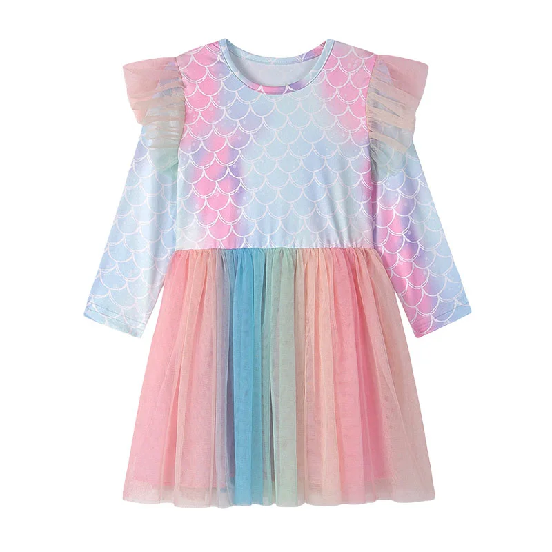 

Mermaid 2-7T Polyester Autumn Spring Girls Dresses Long Sleeve Tutu Kid Fashion Birthday Kids Clothes O-neck Toddler Frocks