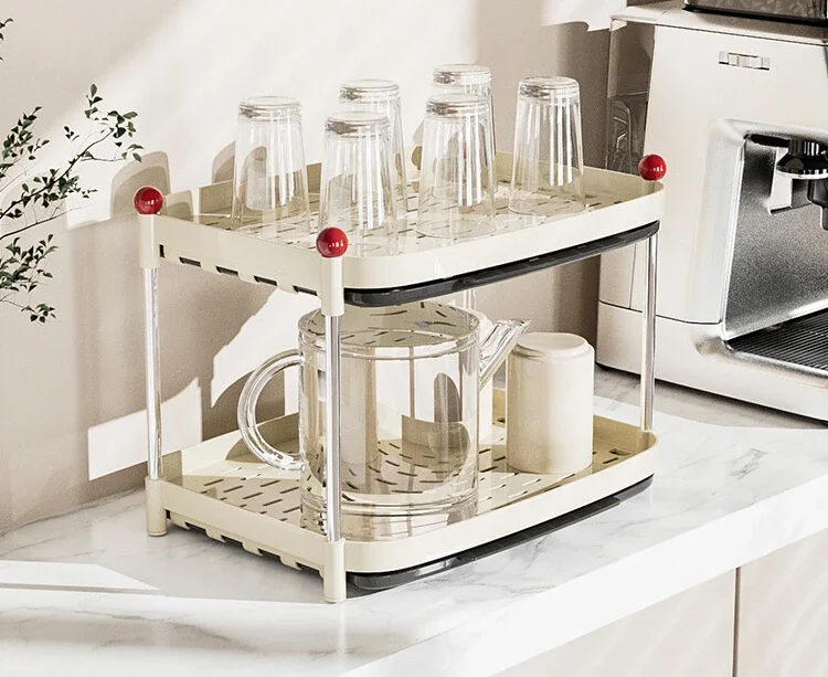 Cup storage shelves, double-decker home living room, coffee table, glass teacups, tea utensils, storage racks, draining