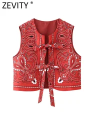 Zevity 2024 Women National Style Cashew Nuts Print Bow Tied Short Vest Jacket Ladies Retro Casual Cardigan WaistCoat Tops CT321