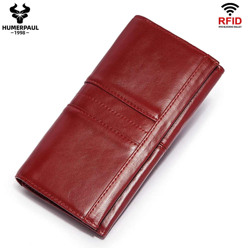 RFID Blocking Genuine Leather Long Wallet for Women Multi-Slot ID Card Holder Large-Capacity Change Clutch Bag Billetera Mujer