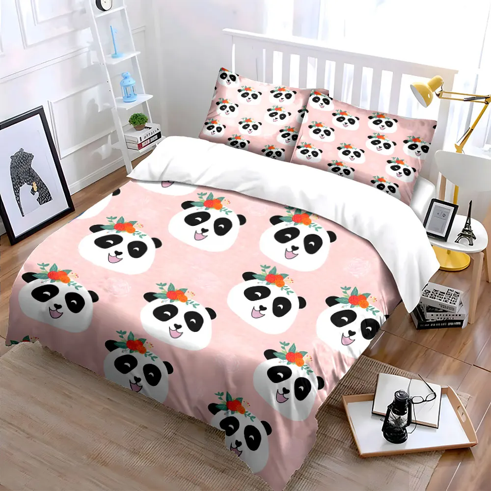 Cute panda with floral wreath Bedding Set for Kids Luxury Gift 3pcs Digital Print Comforter Set Soft Comfortable Breathable