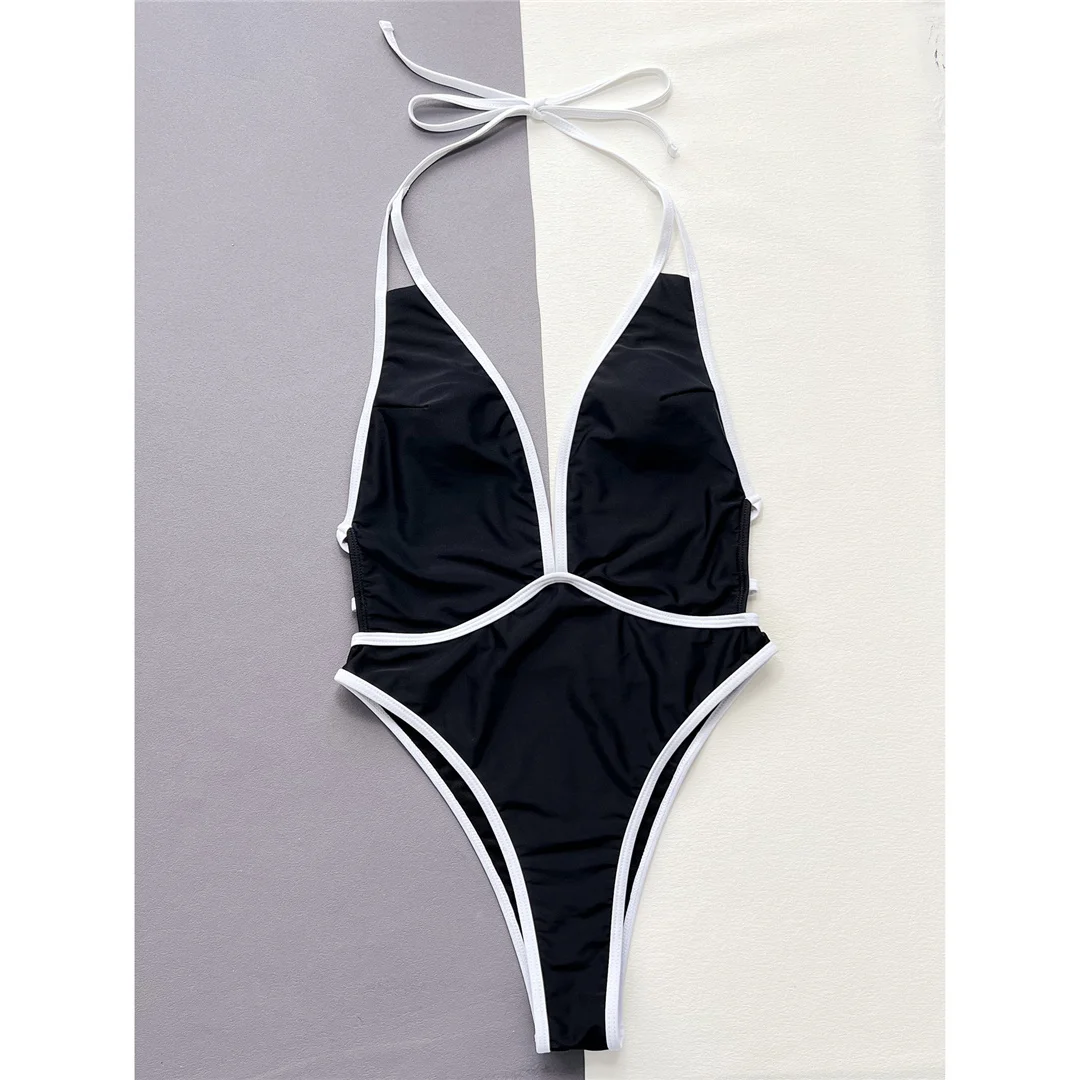 Monokini mit hohem Beinschnitt, Damen-Badebekleidung, Badeanzug, sexy, tiefer V-Ausschnitt, Neckholder, rückenfrei, einteiliger Badeanzug, Damen, V5228 – Detail 9