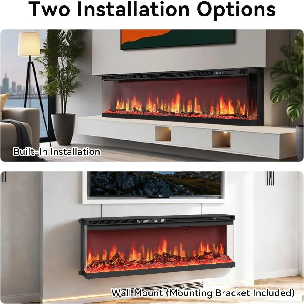 مدفأة كهربائية مثبتة على الحائط مقاس 50 بوصة، تصميم مدمج مع واي فاي/جهاز تحكم عن بعد، سخان 1500 وات، 12 لونًا لهبًا