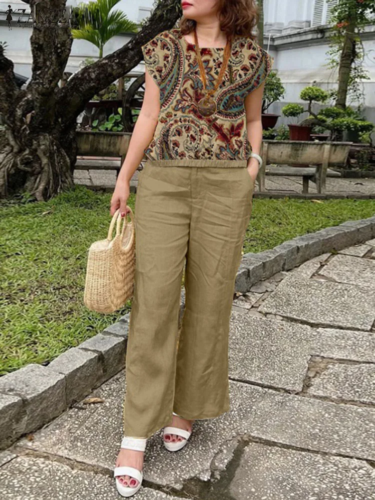 ZANZEA Vintage Women Summer Trousers Suits 2PCS Holiday Work Matching Sets Floral Printed Short Sleeve Blouse Pants Sets Outifit