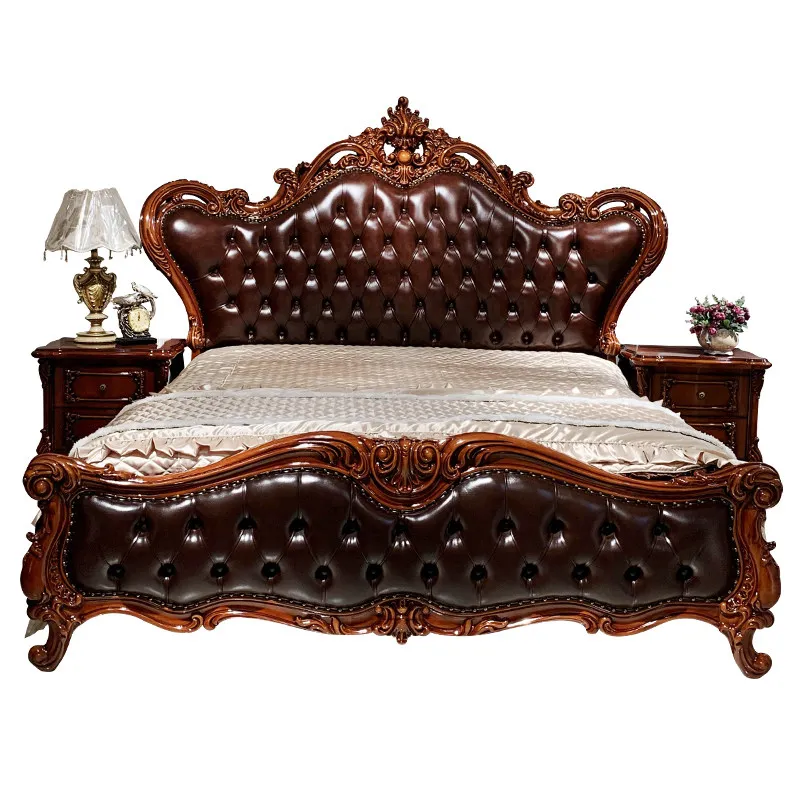 

Кожаная кровать для спальни, роскошная кровать из массива дерева с мягким изголовьем для виллы, ретро-кровать для главной спальни