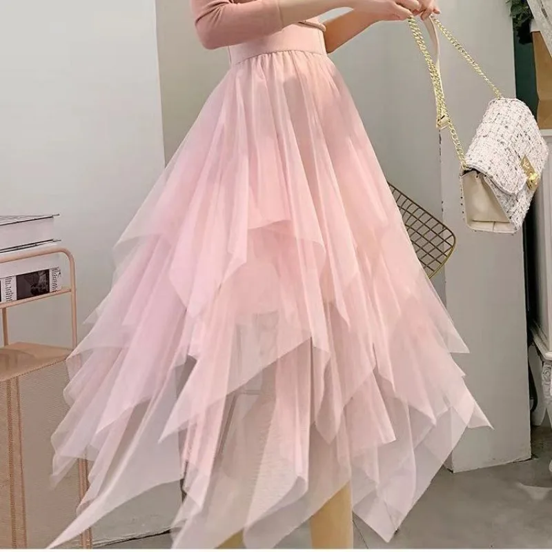Falda de Tul Irregular, Falda Midi, Falda de Tul Rosa, Blanca y Negra, Falda de Tul con Volumen, Estilo Princesa de Hadas, Falda Moderna en Línea A, Ropa de Mujer, Faldas Kawaii