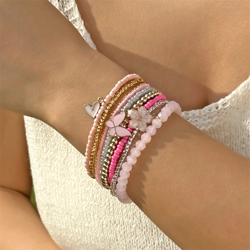 9-teiliges Set Böhmische Schmetterlings-Blumen-Anhänger-Armbänder für Frauen, Handgefertigte Reisperlen-Armbänder, Gestapelte Armbänder, Sommer-Strandparty-Schmuck – Detail 9