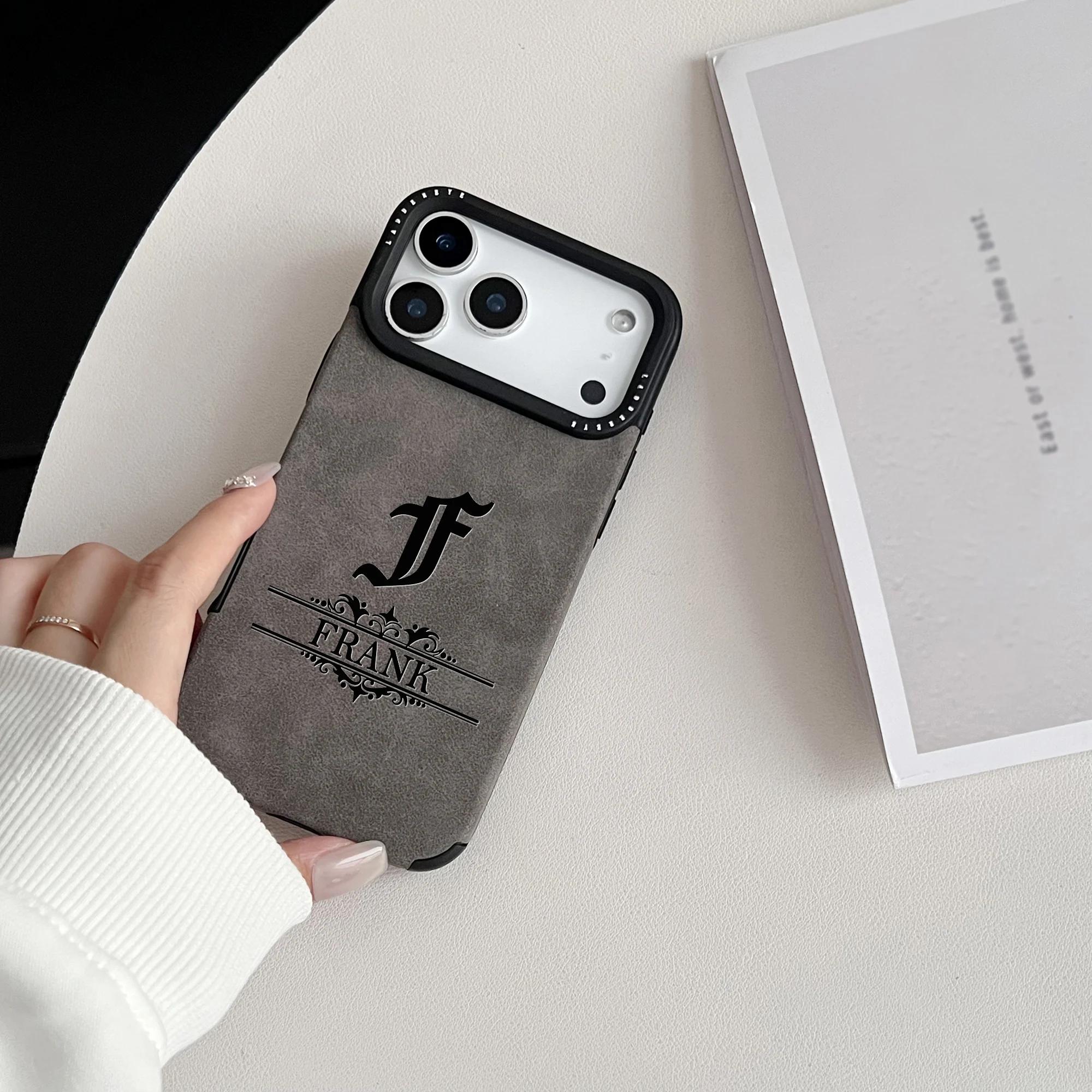 Custom Name Letter Luxury Faux Leather Gothic Pattern Business Style Phone Case For iPhone 17 16 15 14 13 12 11 Pro Max 17 Air