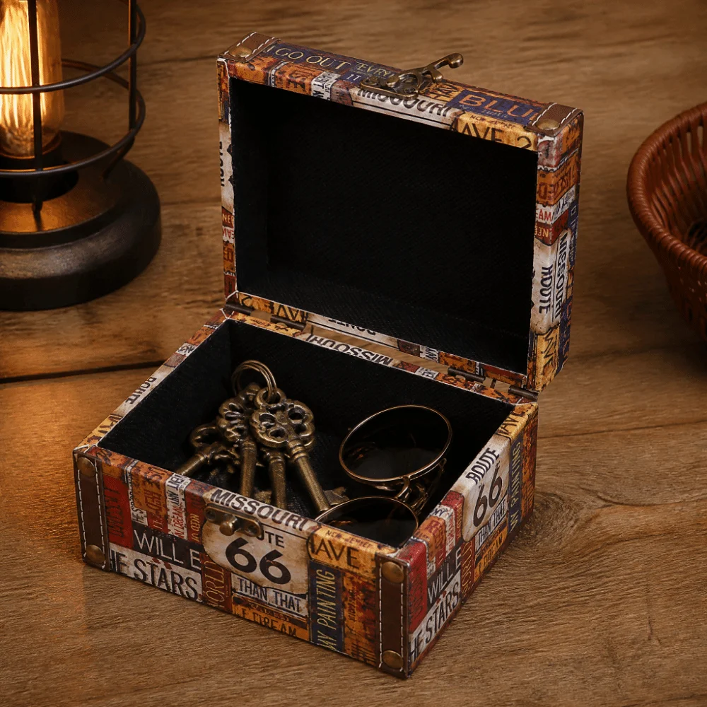 Decorative Wooden Storage Box Leather Rectangle Route 66 Storage Box Desktop Organizer Home Office
