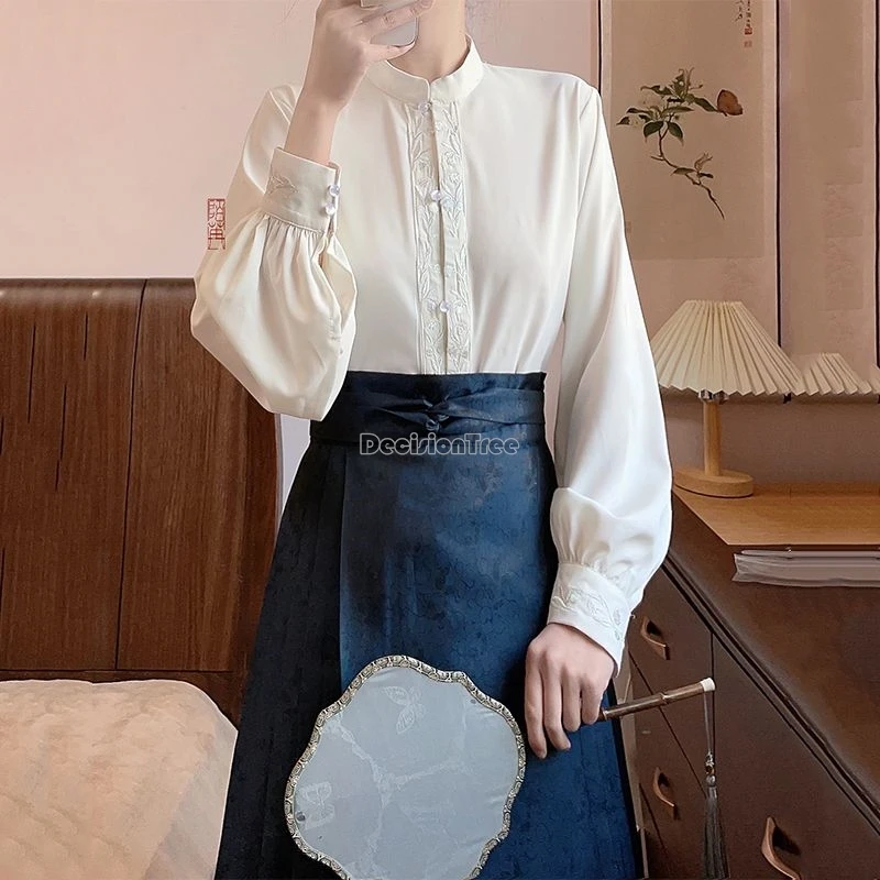 2024 new chinese national solid color jacquard tang suit top stand collar double-breasted hanfu top retro elegant tea art blouse