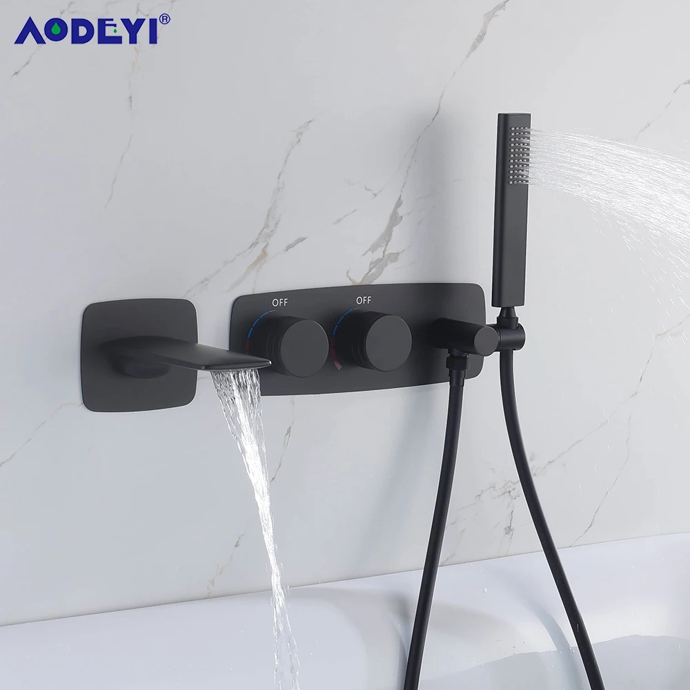 

Bathroom Waterfall Shower Faucet Set Brass Polish Bathtub Mixer Diverter Valve Bath Mixers Taps Hot and Cold Black Showers