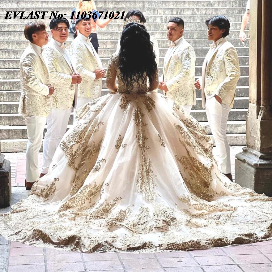 EVLAST disesuaikan renda Quinceanera gaun gaun gaun bola emas Applique manik-manik mutiara korset manis 16 Vestidos De 15 Anos SQ495