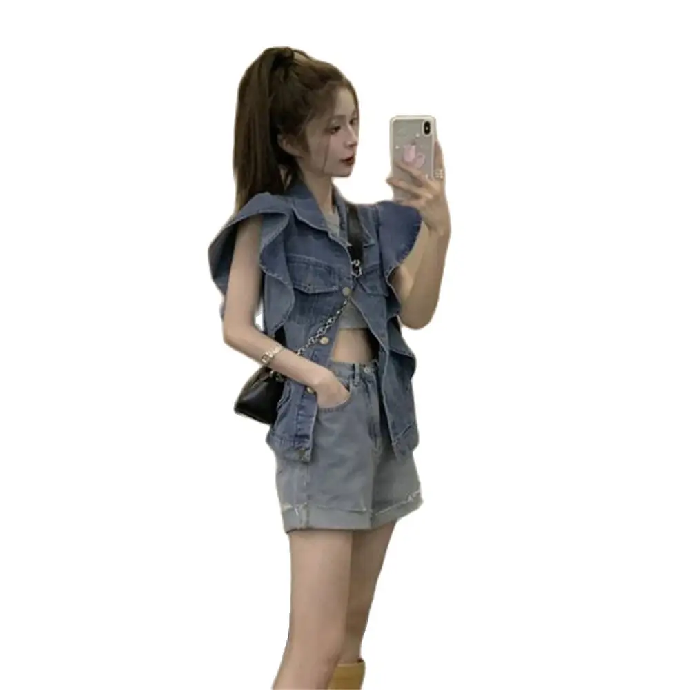 Spring Summer Waistcoat Single-breasted Blue Denim Vests Women's Ruffles Turn-down Collar Gilet Short Jean Jacket All-match Tops