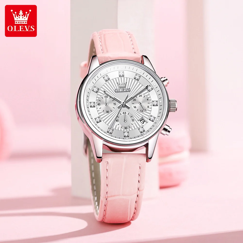 OLEVS 3669 Leather Strap Original Quartz Watch for Women Diamond Dial Classic Chronograph AutoDate Waterproof Women's Wristwatch