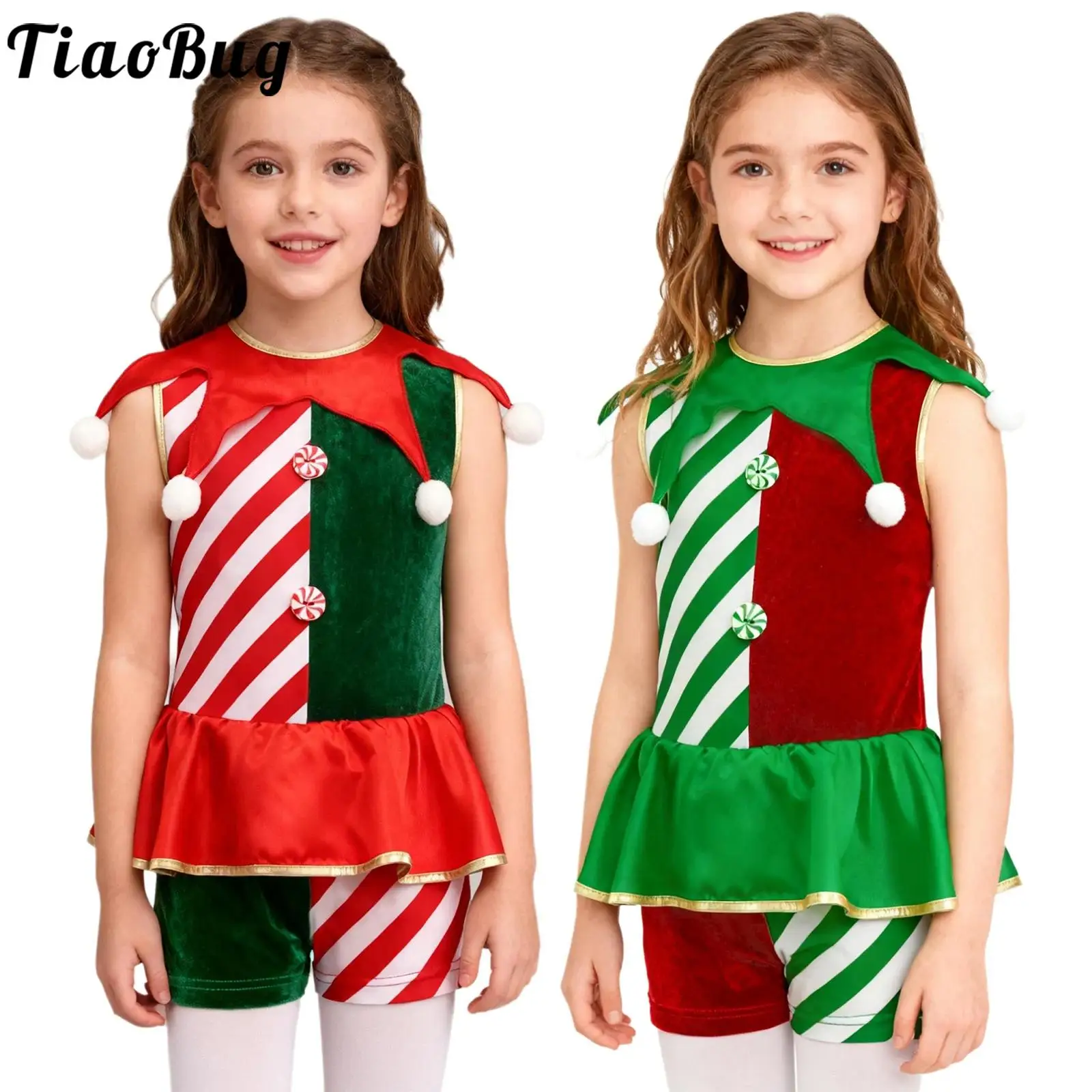 

Boys Girls Christmas Elf Costumes Stripe Leotards Clown Performance Clothes Sleeveless Pompoms Waist Ruffled Overlay Jumpsuit