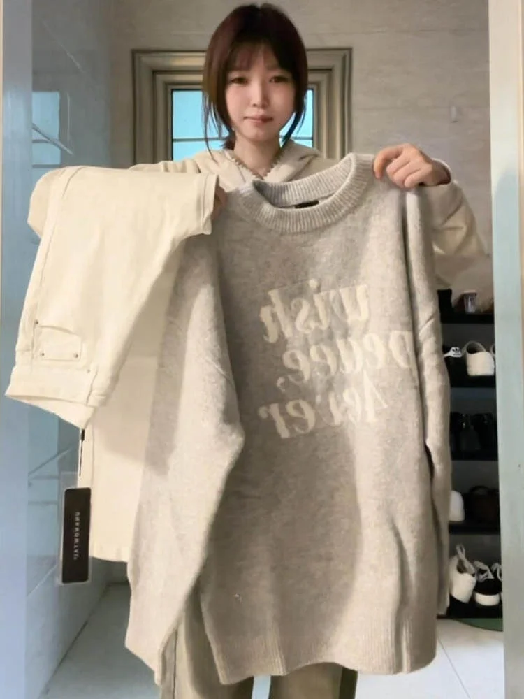 

Вязаный свитер в американском стиле ретро, женский свободный осенне-зимний круглый свитер Ne Lazy Sle Long Sve, теплый топ