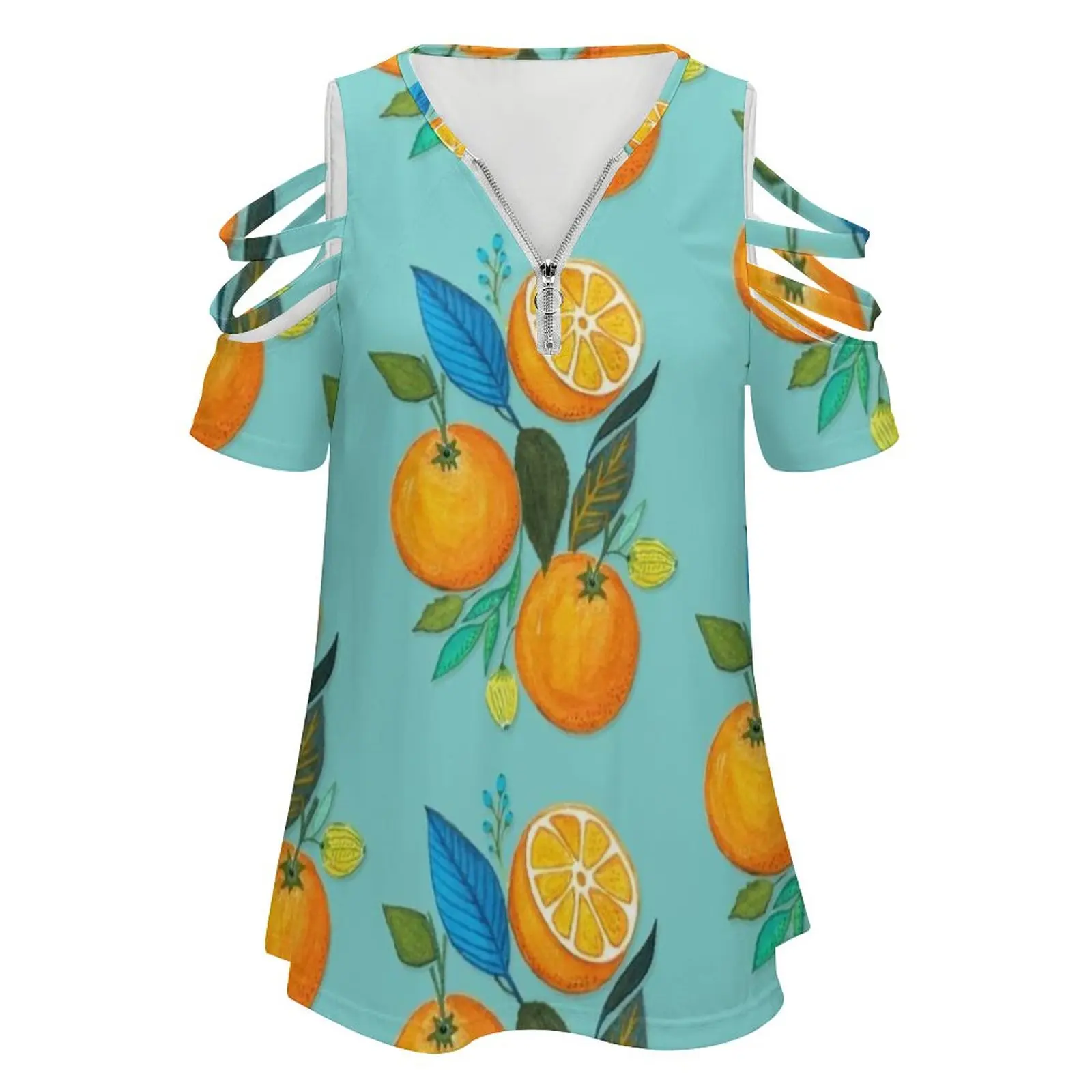 Lady Orange New Fashion Zip Off Shoulder Top Short-Sleeve Women Shirt Vitamin Fruit Citrus Disc Eat Fresh Orange Delicious