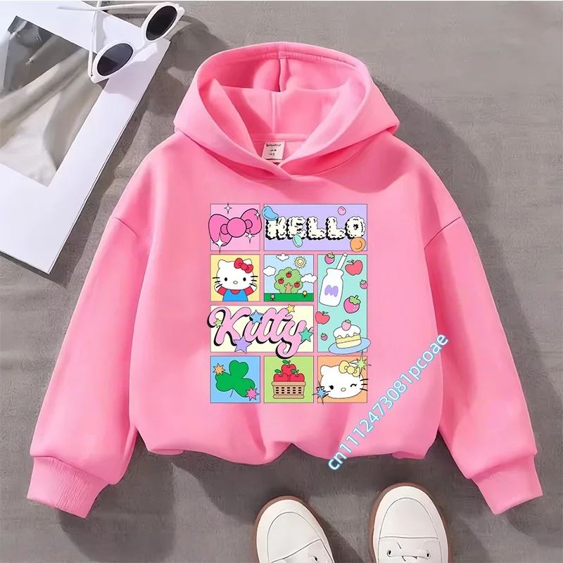 Hello Kitty Kawaii 2-8 Years Old Kids Hooded Sweatshirt Girls' Casual Shirt Boys' Sports Shirt Sanrio Digital Cartoon Print