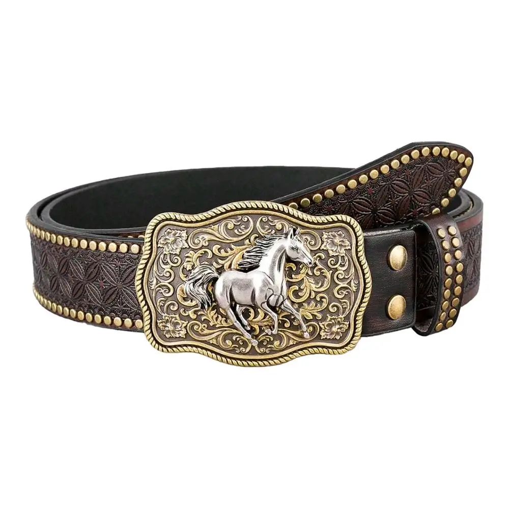 

Fashion Carved Western Cowboy Belt Luxury Design Horse Buckle PU Leather Belt Trendy Brand Waistband For Women Man