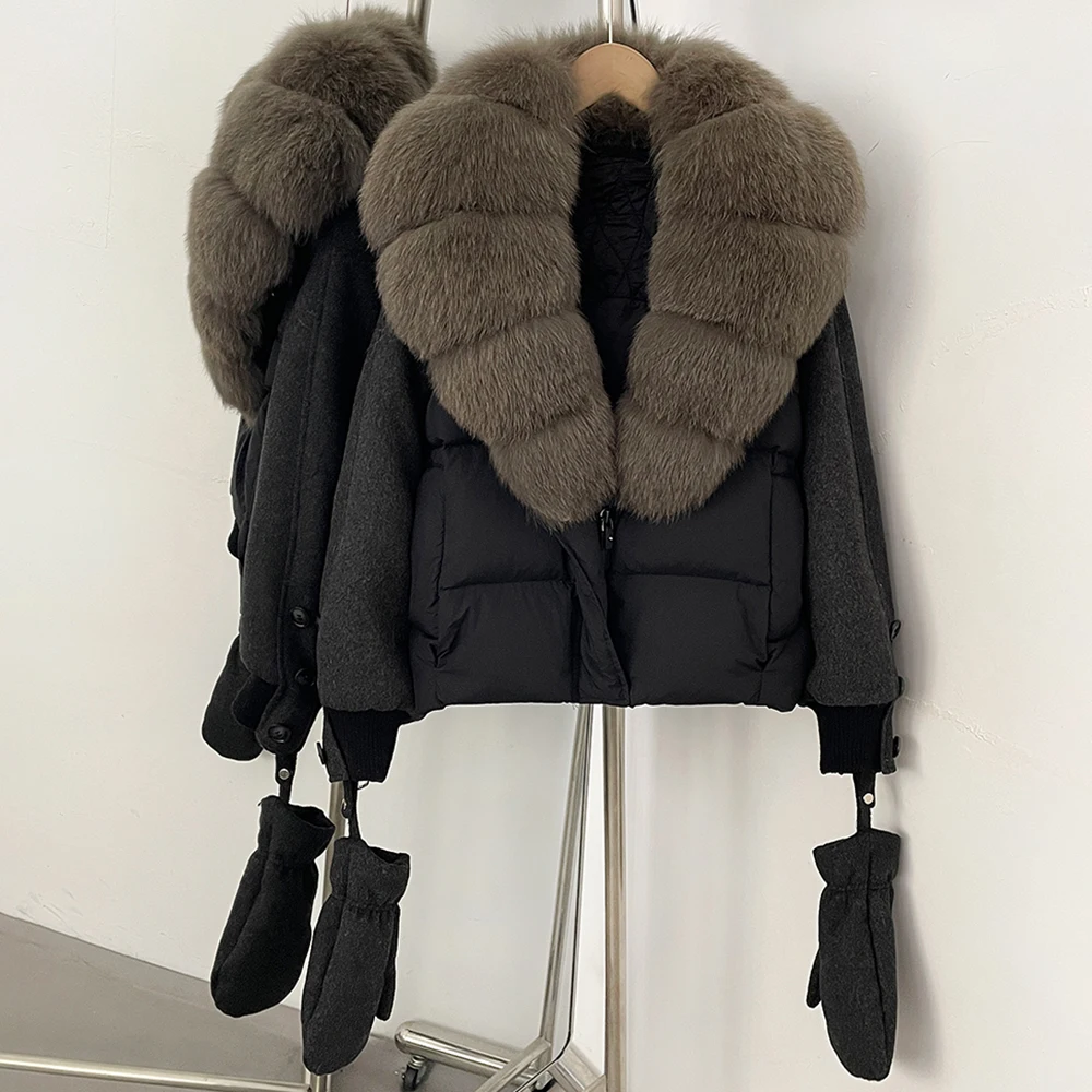 Natural Fur Coat Women's Winter Warm Thick Duck Down Coat Padding Women Short Fur Coat Puffer Jacket Outer Ladies with Gloves