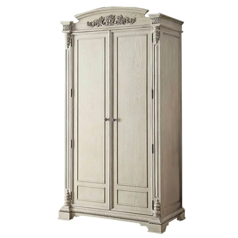 

American country solid wood double door wardrobe French retro carved wardrobe weathered white old storage cabinet
