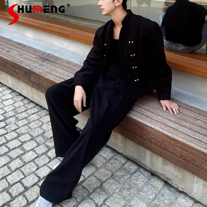 

Мужские осенние новые комплекты 2025 года, модные жемчужные комплекты из 2 предметов, мужские красивые шикарные куртки, пальто, однотонные удобные прямые брюки, комплекты из двух предметов