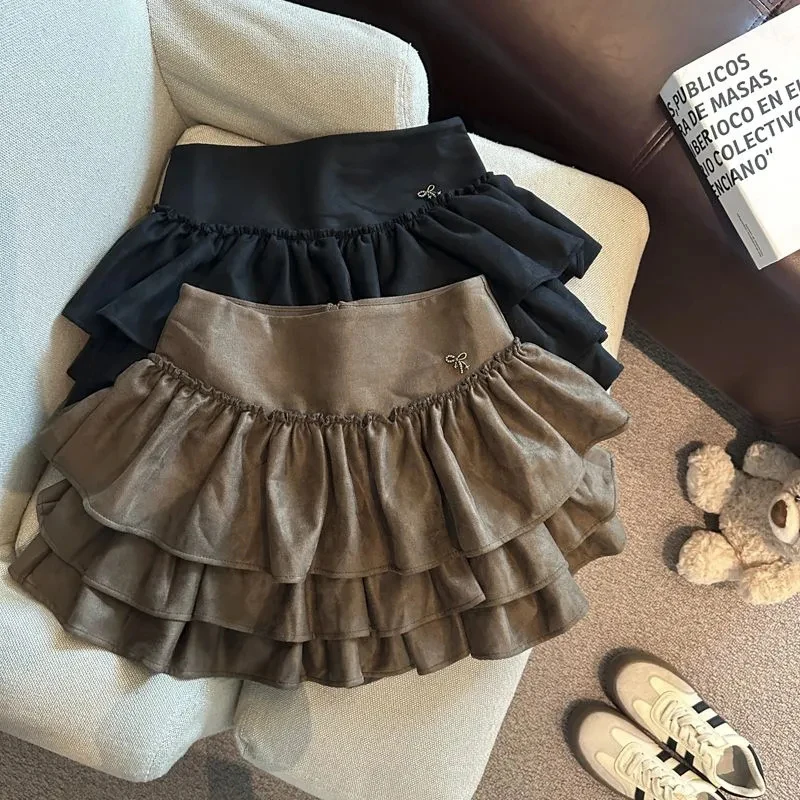 Vintage Suede Mini Skirt Women Y2K High Waist Ruffles All Match Cake Skirt Female Streetwear Casual Fluffy A Line Skirt New