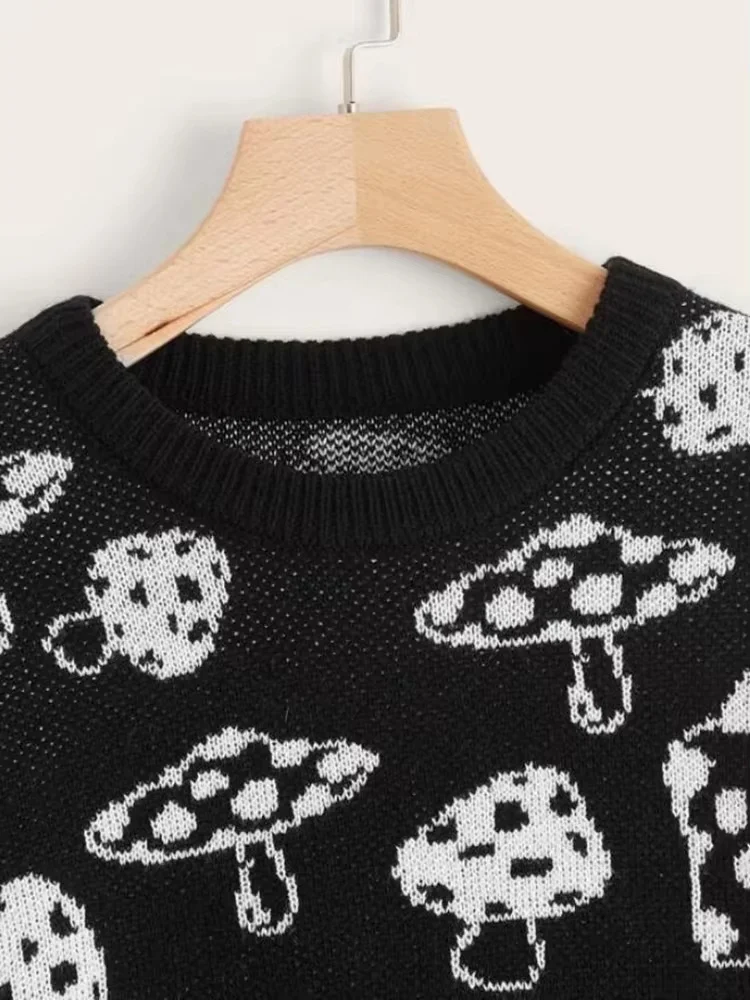 Mushroom Pattern Drop Shoulder Sweater Y2K Oversize women sweaters