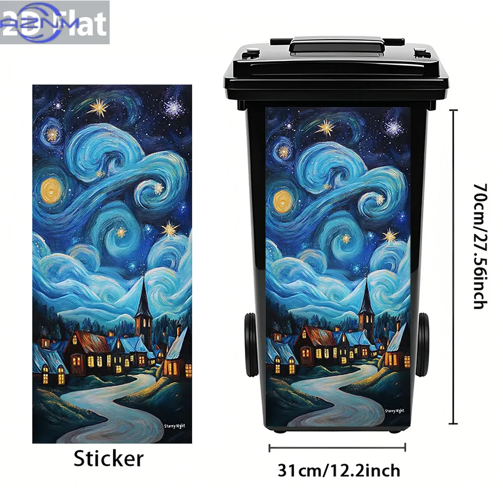 1pc Van Gogh Style Starry Night Village PVC Back Adhesive Trash Can Sticker, Waterproof & Removable for Trash Bin Decoration,