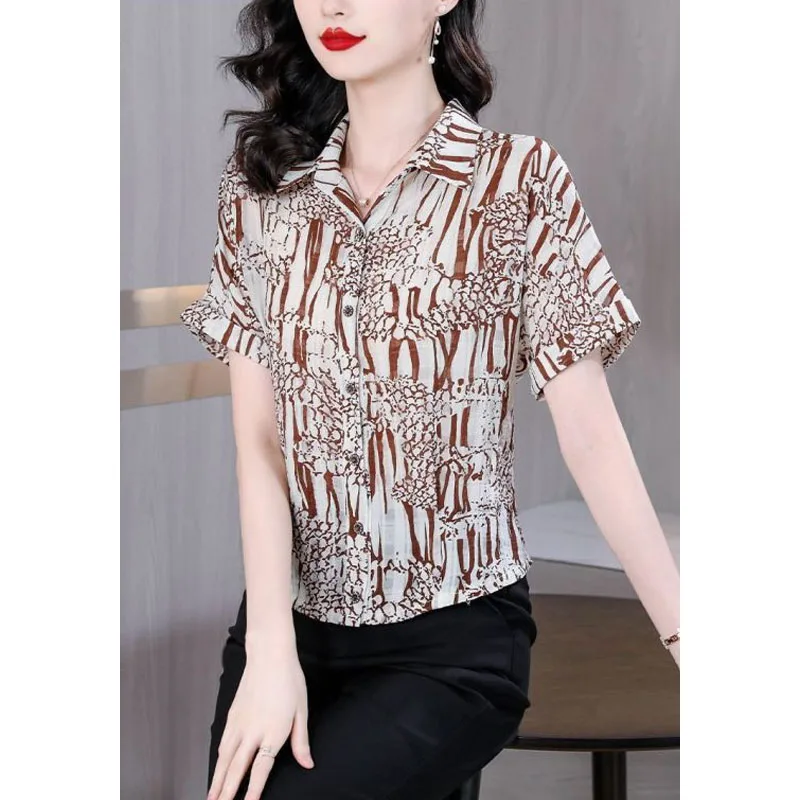 2024 Summer New Women\'s Blouse Polo-Neck Button Printed Ventilate Fashion Elegant Loose Commute Shirt Short Sleeve Casual Tops