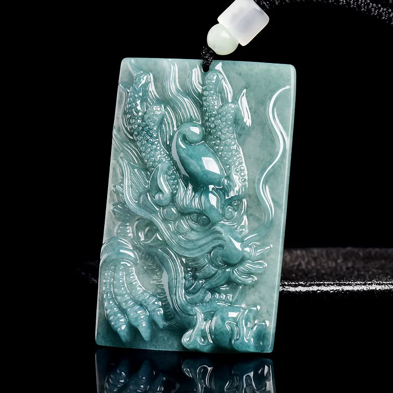 

Authentic A-grade Jade Blue Water Dragon Brand Zodiac Pendant Ice Seed Male Female Charm Pearl Jade Necklace
