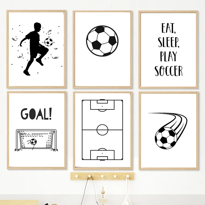 

Black White Custom Name Soccer Goal Wall Art Canvas Kids Room Boys Bedroom Decor Football Poster Print Customizable Home Decor