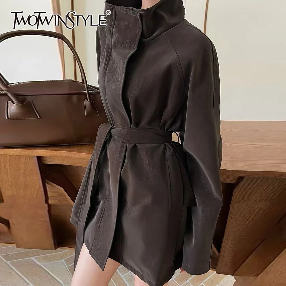 

TWOTWINSTYLE Solid Spliced Bandage Chic Jacket Female Turtleneck Long Sleeve Loose Temperament Women's Jackets Autumn Fashion